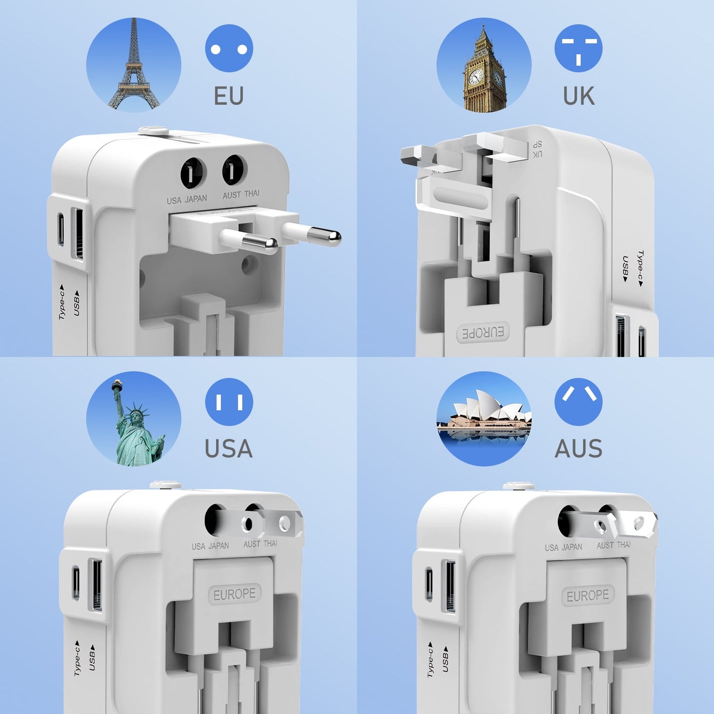 Universal Travel Adapter, International Plug Adapter with 2 USB Ports (1 USB C), PIGADA Worldwide Wall Charger AC Power Plug Converter Adaptor for US to EU UK AUS Asia