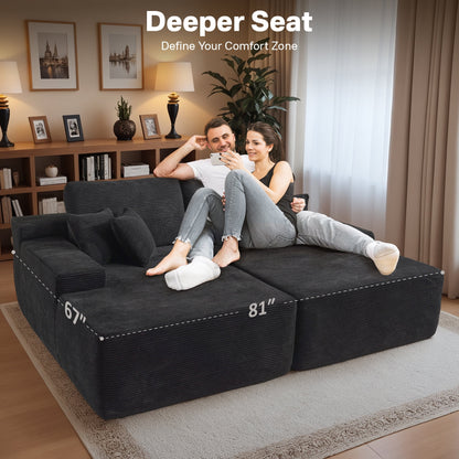 Vcatnet 81" Modular Sectional Sofa Couch Corduroy Chaise Lounge Loveseat Sofa Bed Oversized Upholstered Sleeper Sofa for Living Room and Bedroom, Black