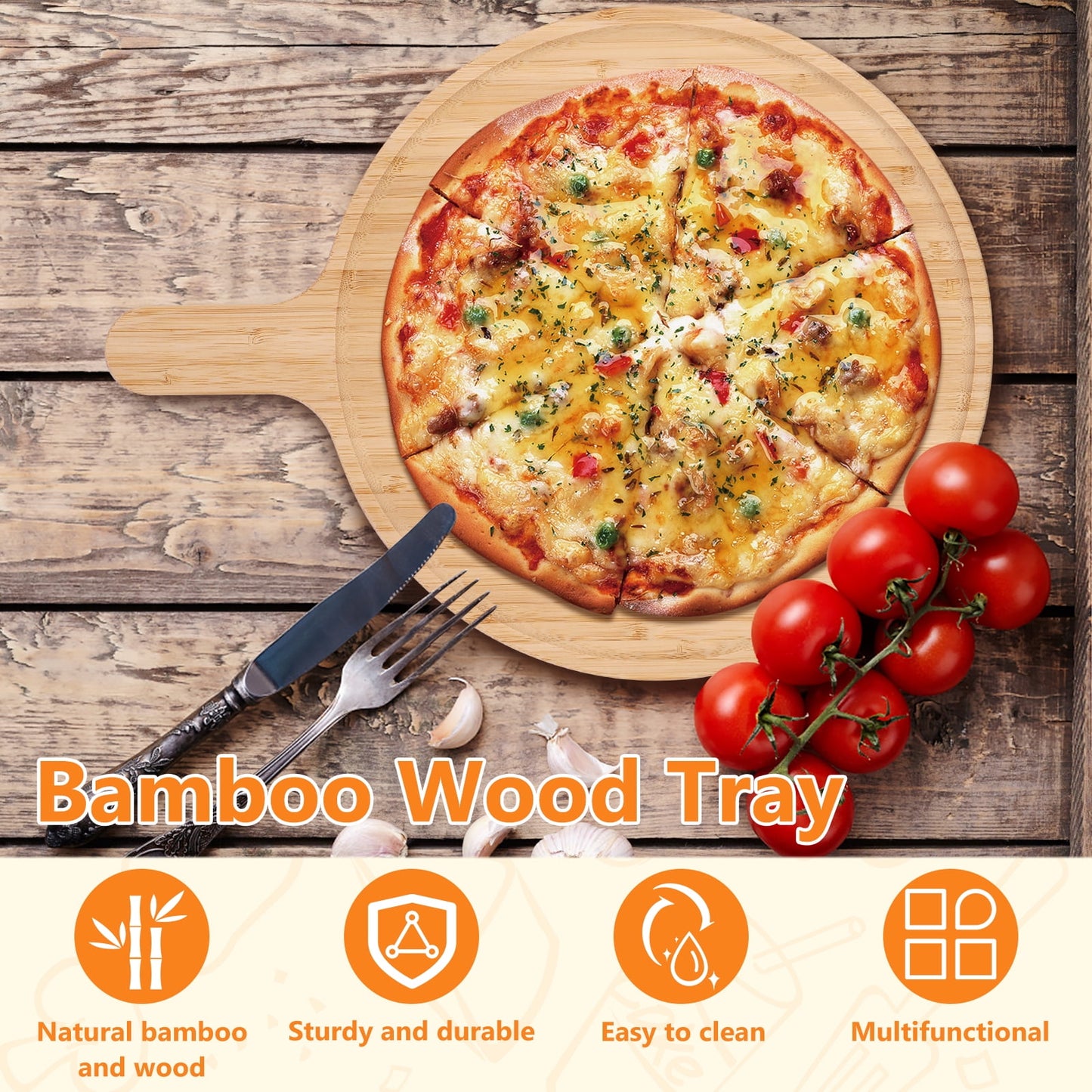 Txkrhwa 12 inches Round Pizza Cutting Board Cheese Paddle Board Round Serving Board Tray Bread and Crackers Platter with Handle for Serving and Food Prepare