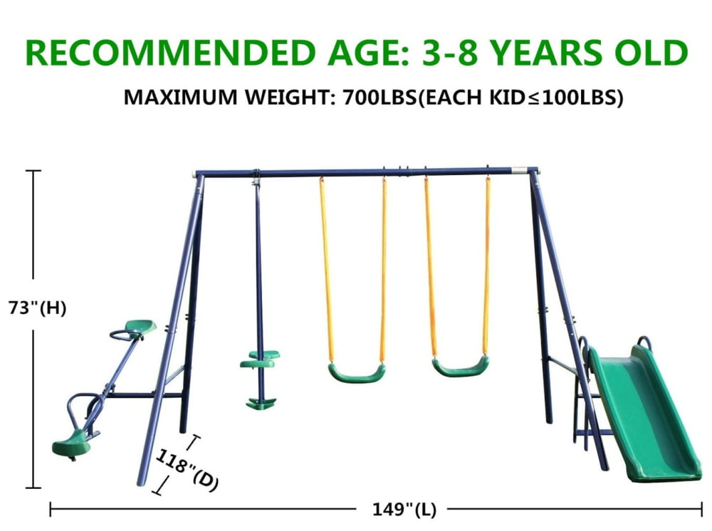 5-In-1 Swing Sets for Backyard, 700 LBS Outdoor Swing Set with 2 Swing Seat, 1 Glider, 1 Slide & 1 See-Saw, Heavy-Duty A-Frame Metal Swing Set for Playground/Park/Backyard