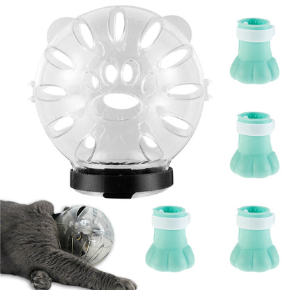 Cat Muzzle and Boots Anti Bite Cat Breathable Hood Anti-Licking Clear Cat Helmet with Paw Cover Reusable Pet Space Hood Portable Cat Astronaut Helmet Anti-Scratch Paw Shoes for Bath Beauty Grooming