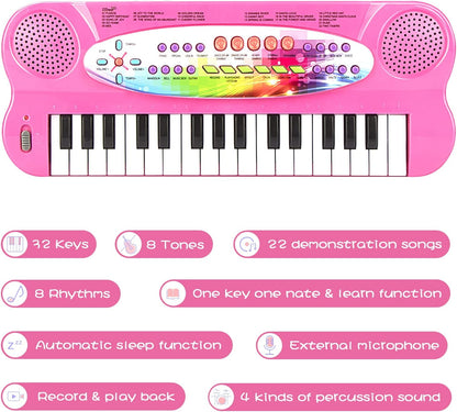 HAOTUTOYS Piano Keyboard for Kids, 32 Keys Portable Piano Early Learning Educational Electronic Music Keyboard Instrument Toys for 3 4 5 6 Year Old Boys and Girls (Pink)
