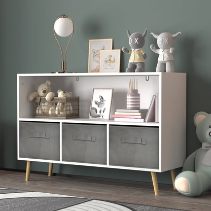 Toy Storage Organizer with Book Shelf for Boys Girls, Children Toy Storage with 3 Collapsible Fabric Drawers, 35''L Wooden Storage Chest for Bedroom Playroom Living Room, White/Gray