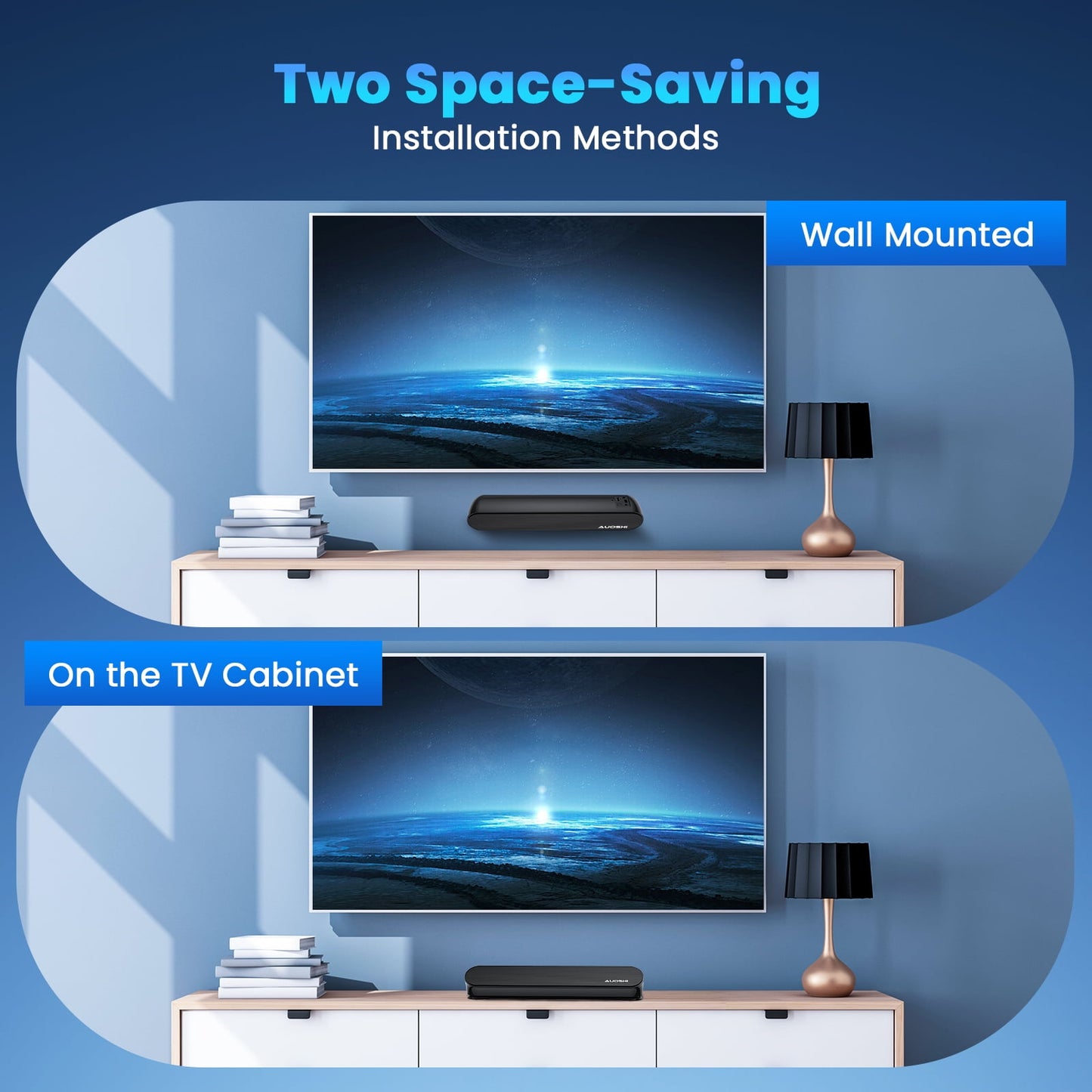 AUOSHI 2.1ch Sound Bar for TV, 60W Small Soundbar with Subwoofer, Surround Sound System Bluetooth Speaker with Bluetooth/HDMI/OPT/AUX/USB Connection for TV /PC/Projectors, Remote Control,16.5inch