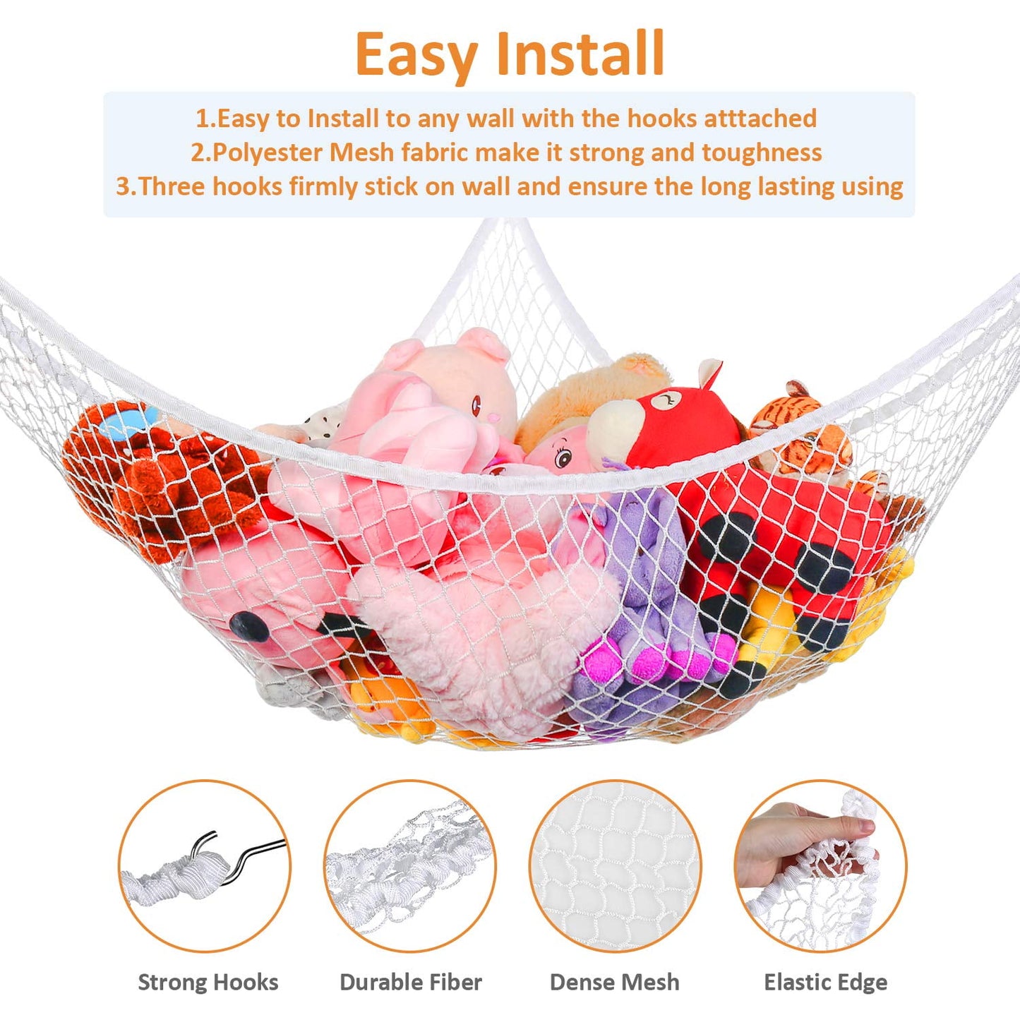 Wekvgz Toy Hammock Stuffed Animals and Toy Storage Hammock Net 70" Wall Sling Corner Extra Large Kids Children Mesh Toy Net Organizer