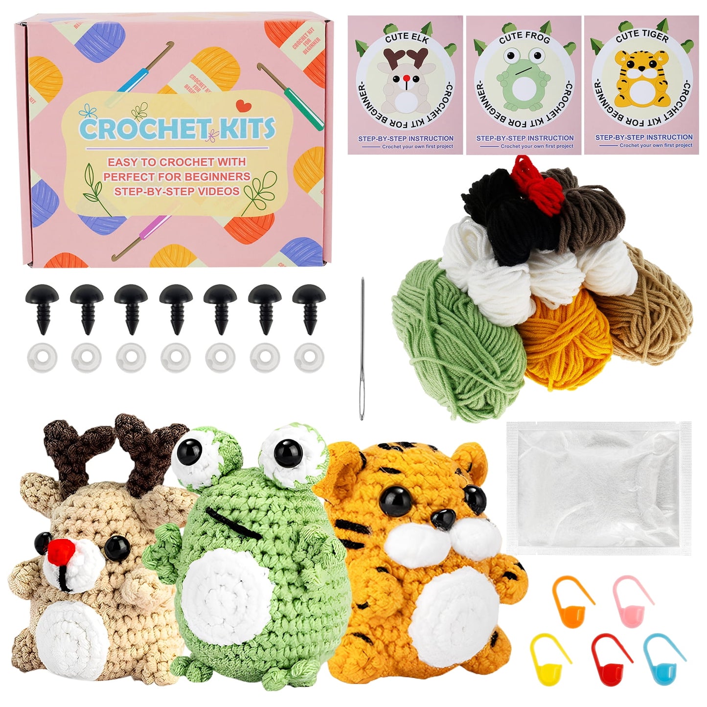 Qenwkxz 3PCS Crochet Kit for Beginners Complete Crochet Knitting Kit Adorable Animal Crochet Starter Pack DIY Crochet Craft Kit with Step-by-Step Video for Adults Kids