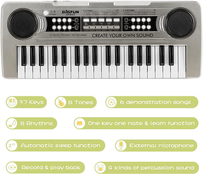 XTeduToys Kids Keyboard Piano, 37 Keys Portable Piano Early Learning Educational Electronic Music Keyboard Instrument Toys for 3 4 5 6 7 8 Year Old Boys and Girls (Silver)
