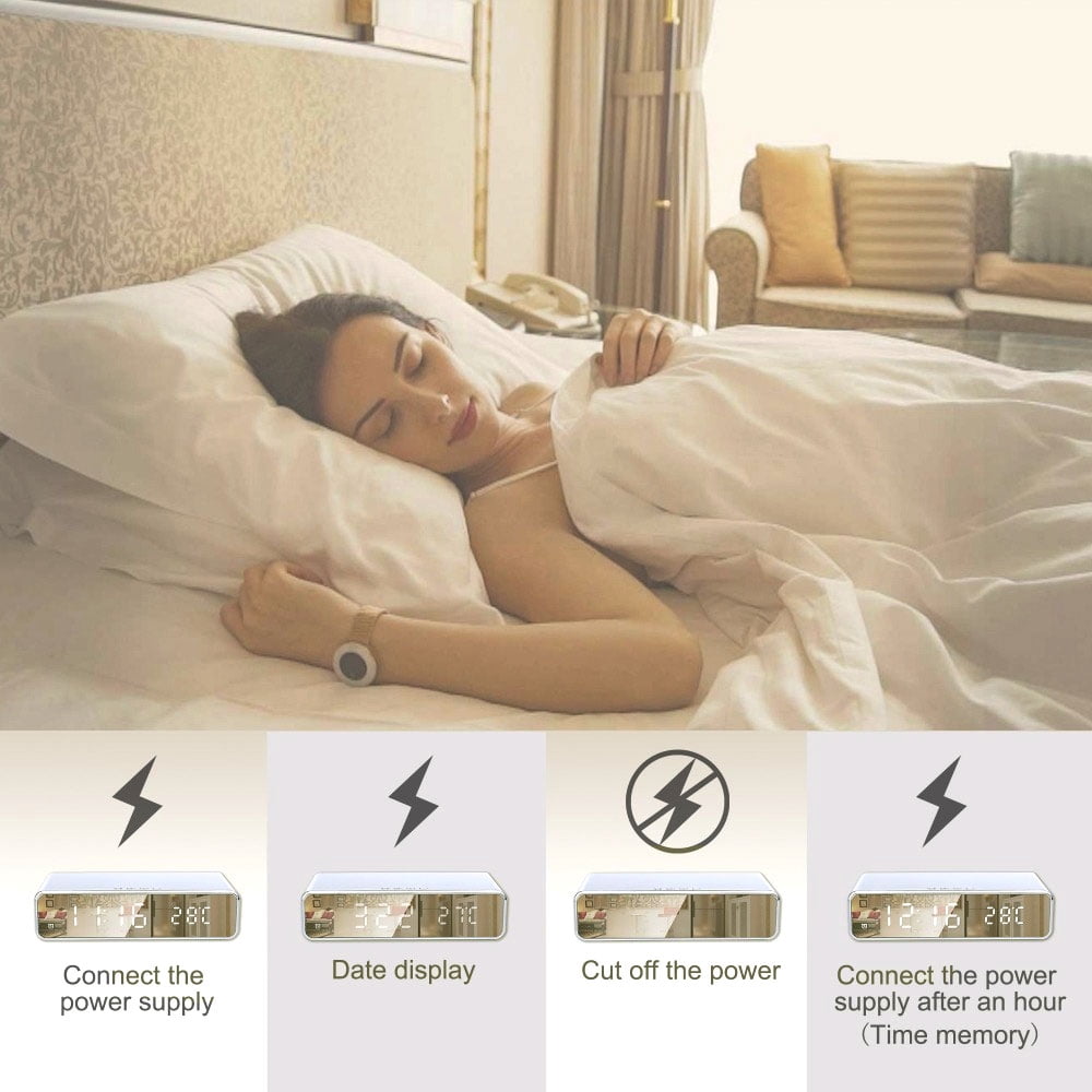 Digital Alarm Clocks For Bedrooms,LED Electric Alarm Digital Clock with Wireless Phone Charger Thermometer Desktop Digital HD Mirror Clock,Silver
