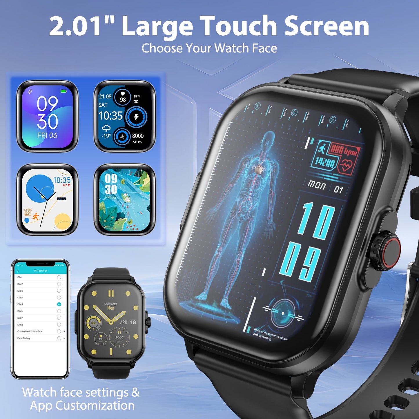 AUOSHI Smart Watch for Women Men,2.01"HD Screen Fitness Tracker with Bluetooth Answer/Make Calls,IP67 Waterproof/Sleep Monitor/100+ Sport Modes,Smartwatches Compatible Android Ios