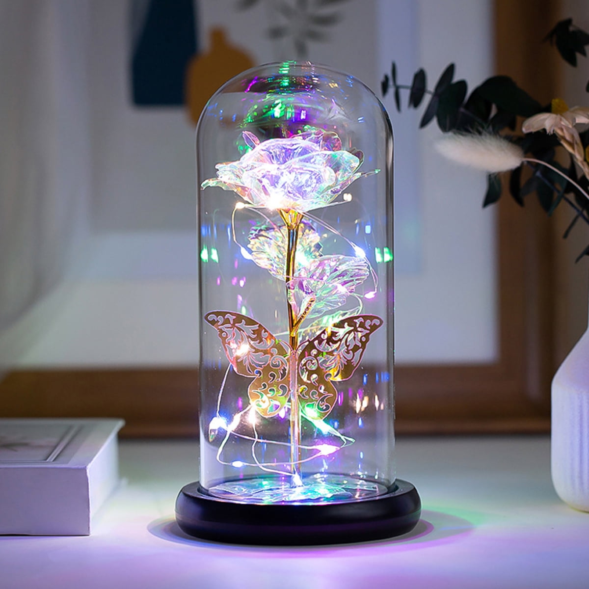 Tcwhniev Rose Light Artificial Galaxy Rose Lamp with Butterfly and Colorful LED Rose Flowers In Glass Gifts for Women Girls for Wedding Mother's Day Valentine's Day