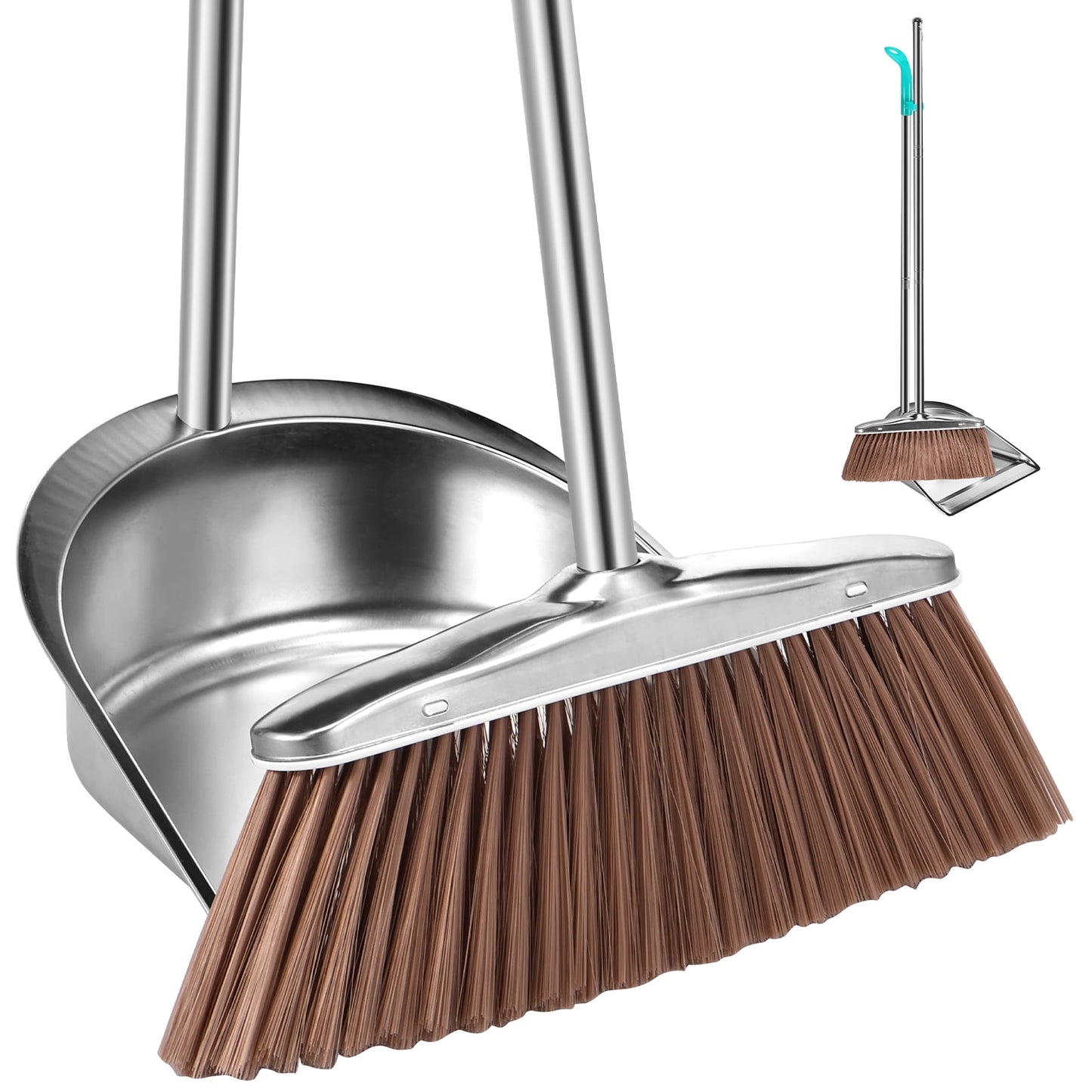 Broom and Dustpan Set with Long Handle Heavy Duty Stainless Steel Dustpan with Broom Space Saving Broom Dustpan Combo Sweeper and Dustpan Set with Broom Clip for Indoor Outdoor Kitchen Lobby