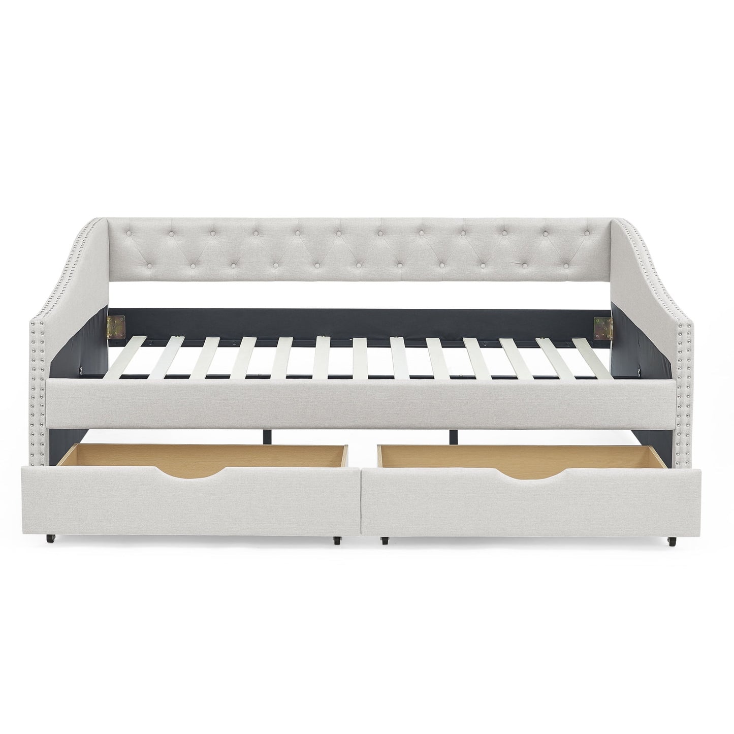 Full Size Upholstered Daybed Frame with Storage Drawers, Linen Sofa Bed with Reinforced Frame, Multifunctional Floor Bed with Tufted Backrest and Armrest for Living Room, Bedroom, Beige