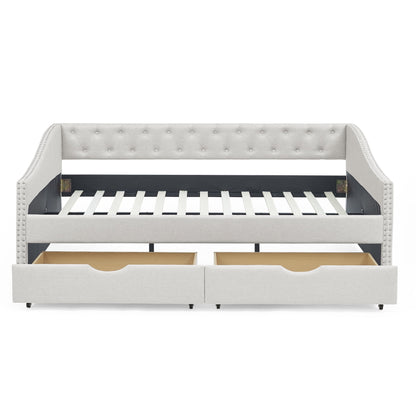 Full Size Upholstered Daybed Frame with Storage Drawers, Linen Sofa Bed with Reinforced Frame, Multifunctional Floor Bed with Tufted Backrest and Armrest for Living Room, Bedroom, Beige