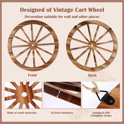 FUYGRCJ 3PCS 12/10/8inch Wooden Wagon Wheel Wall Decor with Triangular Hook, Wood Wagon Wheel Wall Art, Vintage Old Western Style Wall Hanging Wood Wagon Wheel for Bar, Garage, Patio Yard