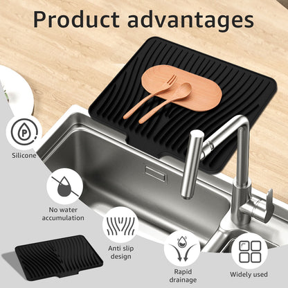 Tysrjsv Silicone Dish Drying Mat with Raised Drain 16x12 inche Lip Nonslip Dish Drain Mat Heat Resistant Reusable Dish Draining Board Silicone Drying Pad for Kitchen Counter Home (Black)