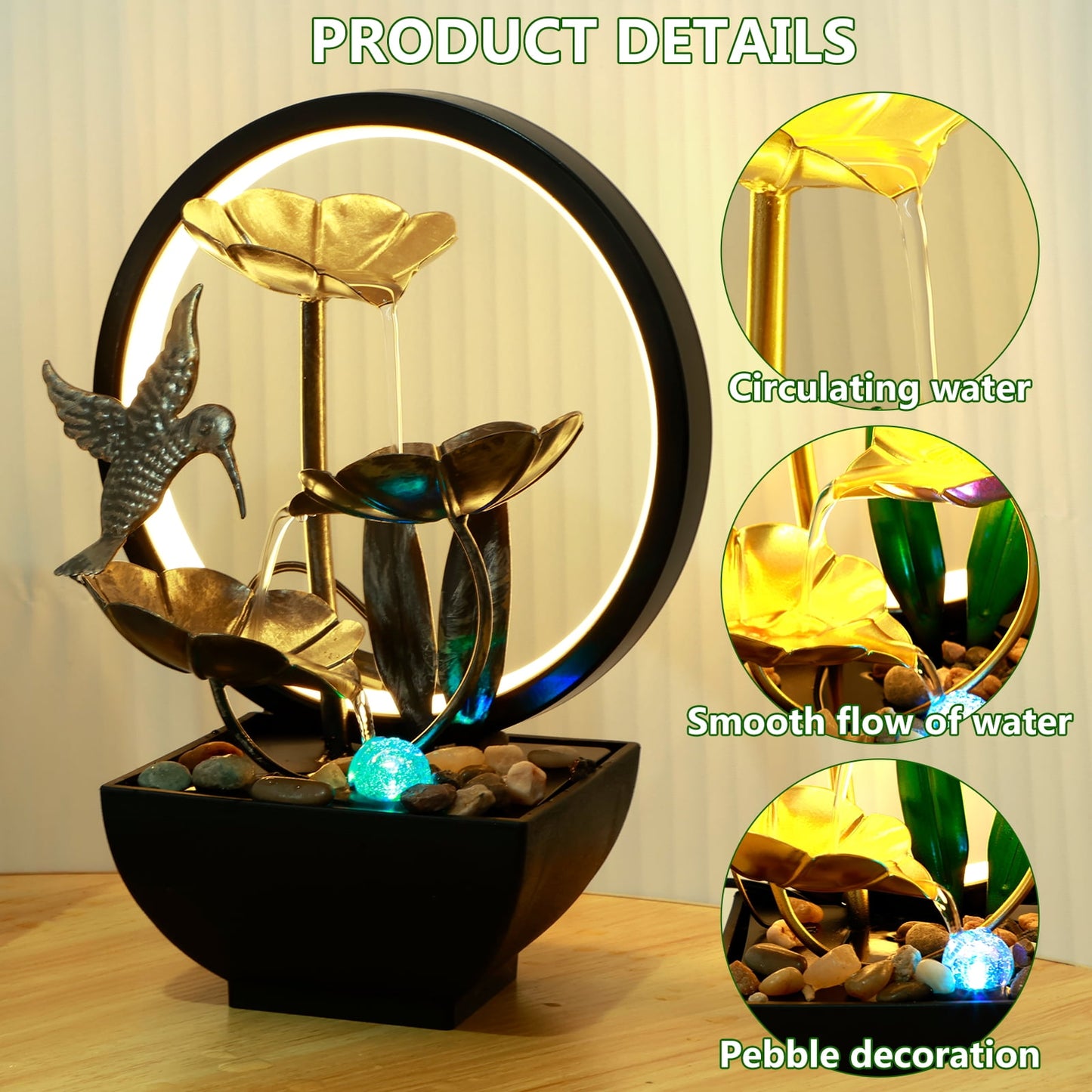 Pcapzz Tabletop Water Fountain USB Powered Tabletop Fountain with Natural Rocks and LED Ring Lights Desktop Waterfall Fountain Tabletop Humidifier for Indoor