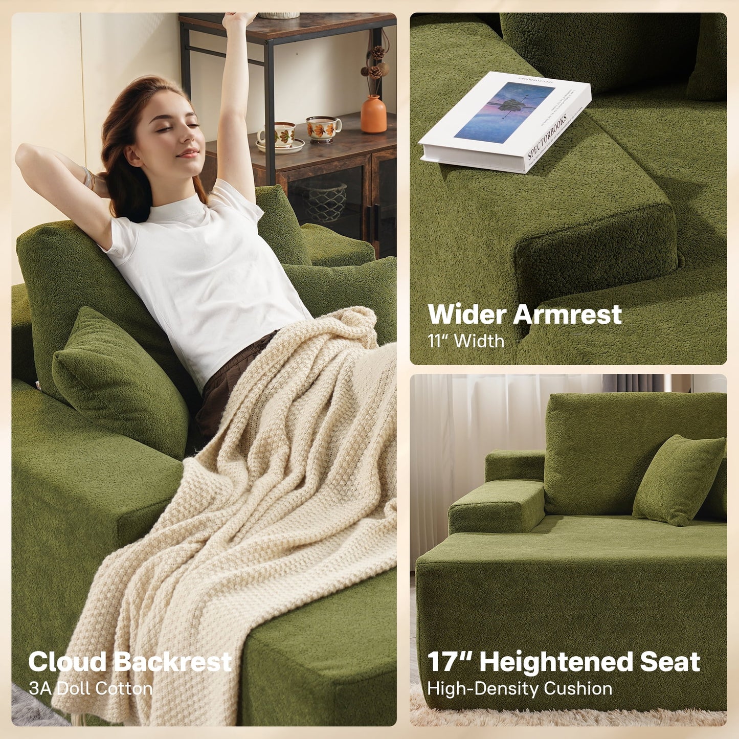 Vcatnet 81" Modular Sectional Sofa Couch Sherpa Chaise Lounge Loveseat Sofa Bed Oversized Upholstered Sleeper Sofa for Living Room and Bedroom, Green