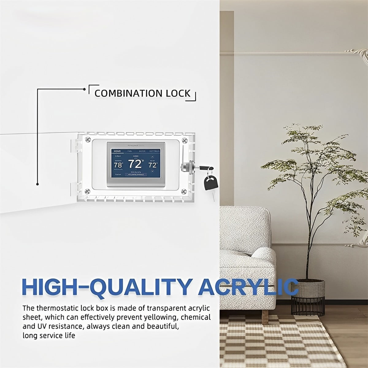 Xiyztok Thermostat Cover,Thermostat Lock Box with 2 Keys Transparent Thermostat Protective Cover Acrylic Thermostat Guard Box Wall Mounted Large Thermostat Cover for Most Thermostats