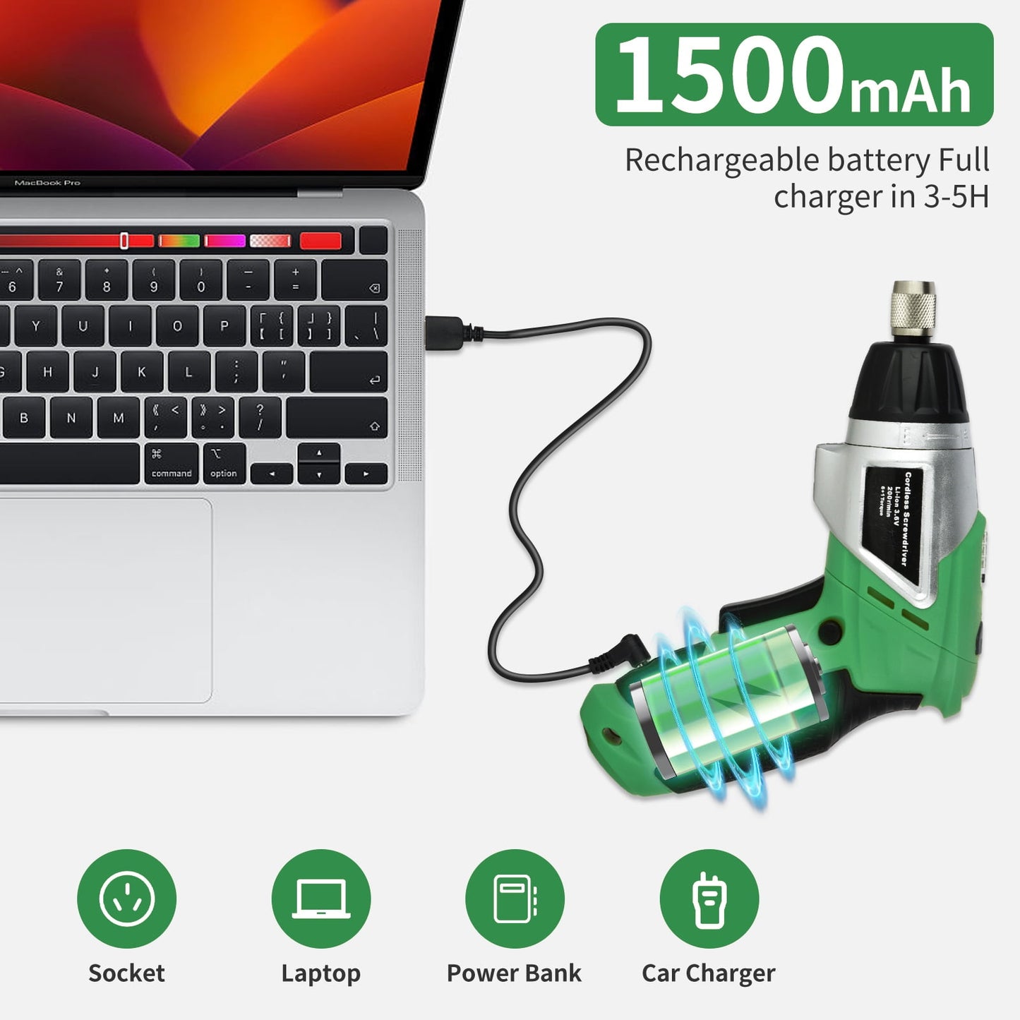 Bcamelys Cordless Electric Screwdriver with Pivoting Handle, LED Light and 45Pcs Bits, 3.6V, 1500mA