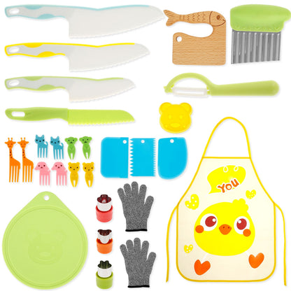 Wekvgz 27pcs Kids Cooking Set Safe Kids Kitchen Cutter Set Montessori Kids Cutting Set with Cutters Potato Chipper Peeler Cookie Cutter Mold Bear Sandwich Mould Chopping Bboard Gloves Apron Forks