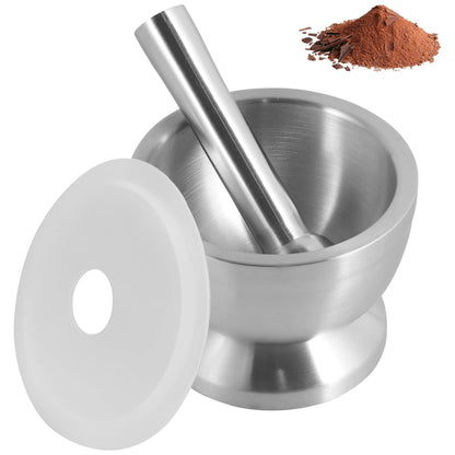 Ihvewuo Stainless Steel Mortar and Pestle Set Efficient Spice Crusher with Silicone Lid and Anti Slip Base Rustproof Pill Crusher Multifunctional Kitchen Manual Masher for Grinding Herbs Seasonings