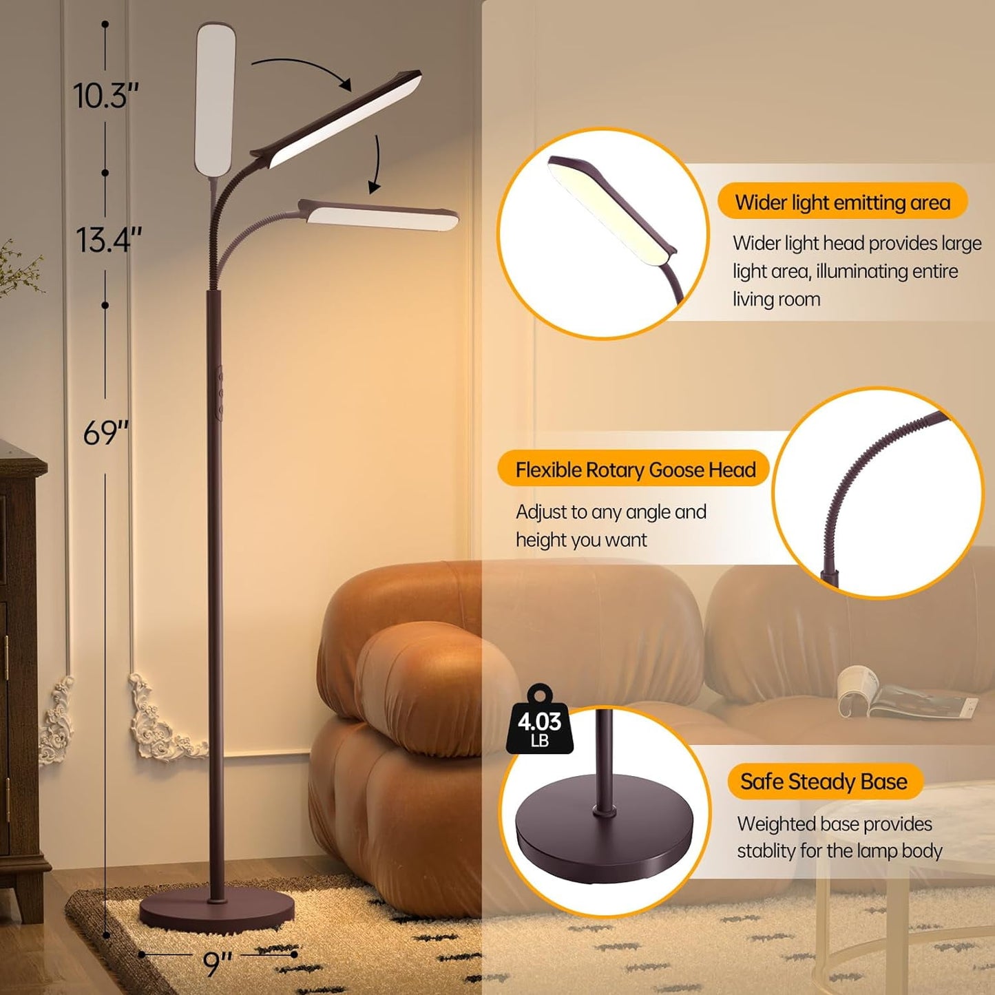 ACMETOP Floor Lamp, 18W/1800LM Bright LED Floor Lamp with Stepless Adjustable 2700K-6500K Colors and Dimmer, Remote and Touch Control, Adjustable Gooseneck Floor Lamp for Living Room (Brown)
