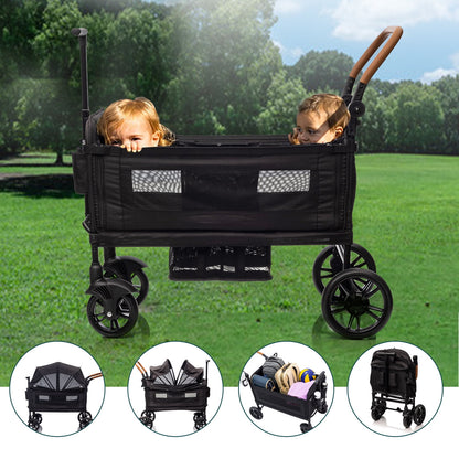 Wagon Stroller for 2 kids & Cargo-Travel Stroller Push-Pull Stroller Lightweight Folding Stroller for Newborn&Toddler with 5-Point Harness,Adjustable Handle Bar and Canopy,Tray Table,Cup Holder