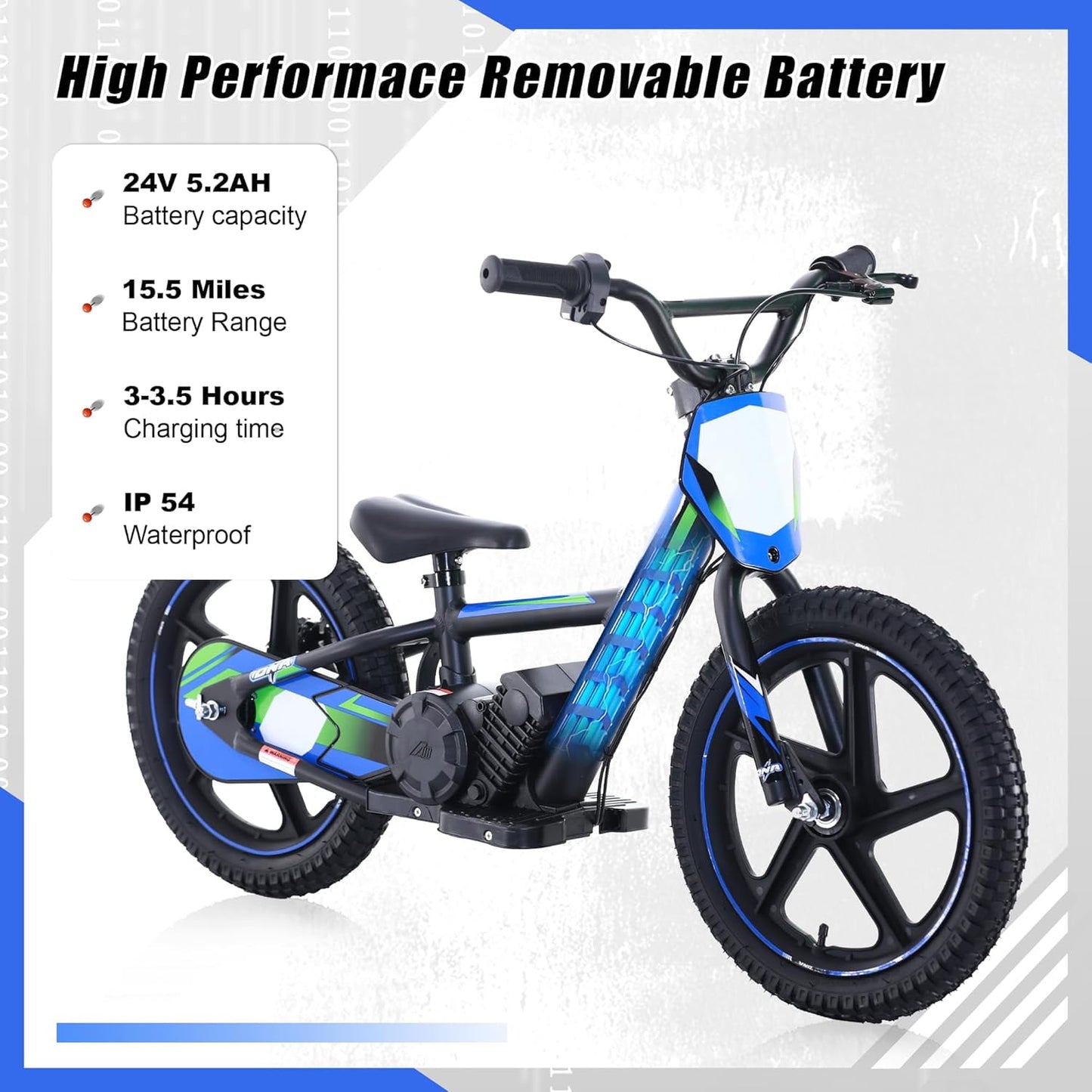 TUIBOKA Lightweight Electric Dirt Bike for Kids, 340W Racing Grade Electric Motorcycle for Ages 5-12, Detachable Battery, Brushless Motor, 3 Speed Modes, 16Inch Off Road Tires, Blue