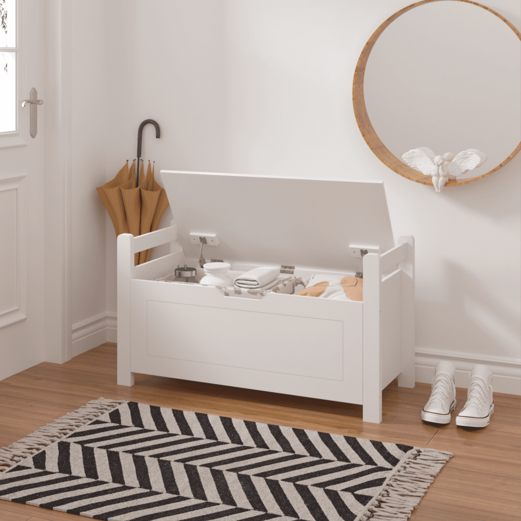 Kids Wooden Toy Chest for Girls Boys, 2 In 1 Large Toy Storage Truck Bench with Flip-Top Lid, 2 Safety Hinges & Padded Seat Cushion, Toddler Big Toy Box for Playroom & Bedroom, White