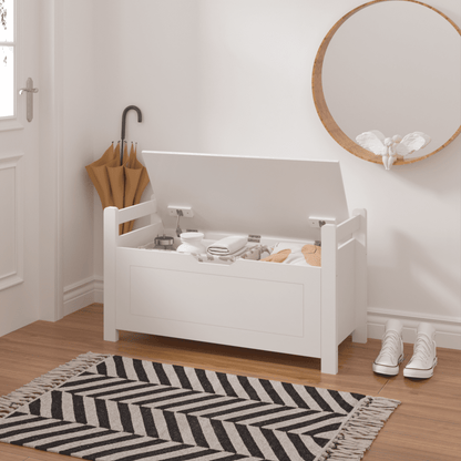 Kids Wooden Toy Chest for Girls Boys, 2 In 1 Large Toy Storage Truck Bench with Flip-Top Lid, 2 Safety Hinges & Padded Seat Cushion, Toddler Big Toy Box for Playroom & Bedroom, White