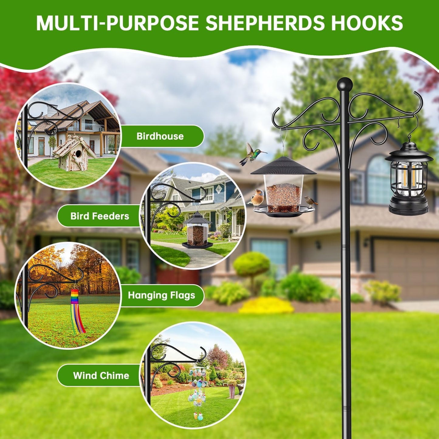 92 Inch Double Shepherds Hooks for Outdoor, Heavy Duty Bird Feeder Pole with 5 Base Prongs, Adjustable Garden Hanging Holder for Bird Feeders, Lanterns, Plant Hanger Stands, Weddings Decor