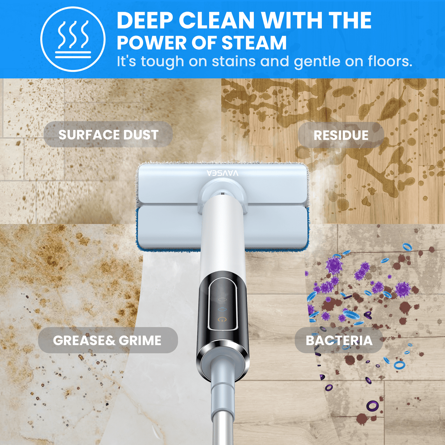 VAVSEA Steam Mop, Floor Steamer with 4 Washable Pads, Steam Cleaner for Cleaning Hard Floors, Carpet