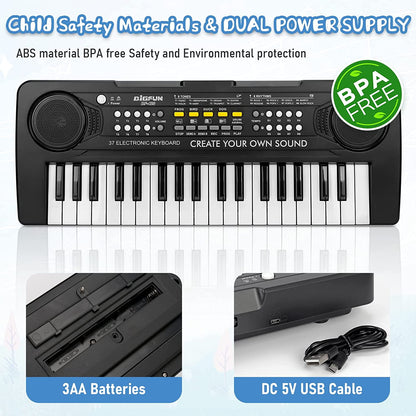 XTeduToys Kids Piano Keyboard, 37 Keys Electronic Music Piano for Kids Portable Multi-Function Musical Instruments Birthday Educational Toys for 3 4 5 6 7 Year Old Boys Girls Children Beginner(Black)