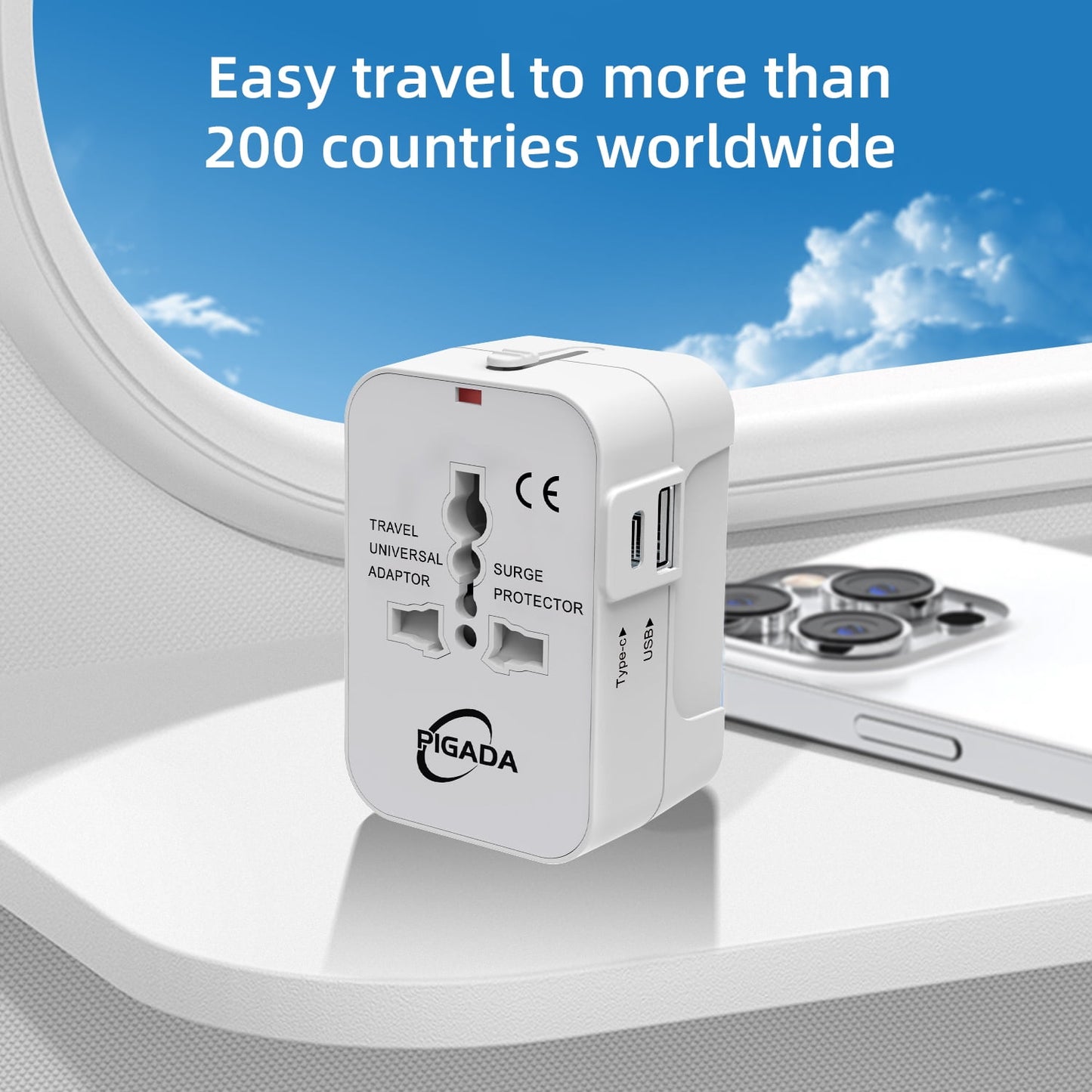 Universal Travel Adapter, International Plug Adapter with 2 USB Ports (1 USB C), PIGADA Worldwide Wall Charger AC Power Plug Converter Adaptor for US to EU UK AUS Asia