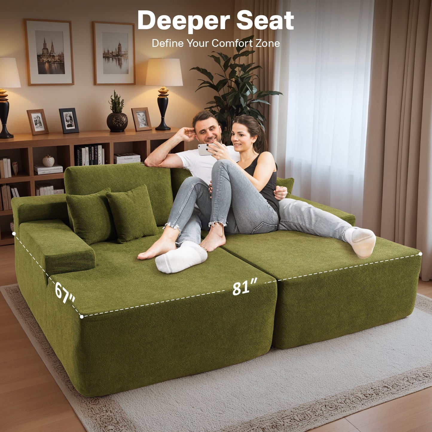 Vcatnet 81" Modular Sectional Sofa Couch Sherpa Chaise Lounge Loveseat Sofa Bed Oversized Upholstered Sleeper Sofa for Living Room and Bedroom, Green