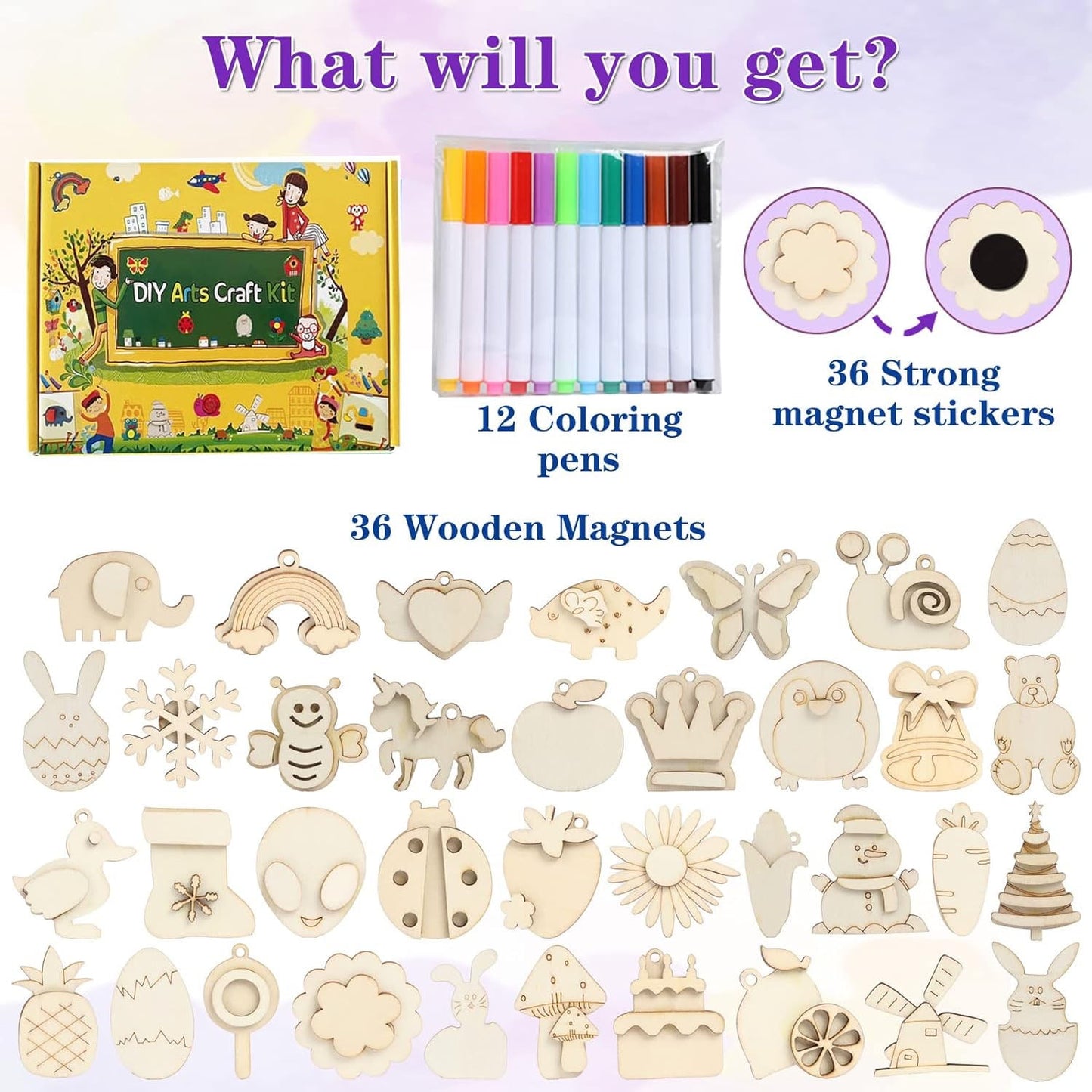 36 Pcs Wooden Magnets, DIY Creativity Art Craft Supplies Painting Kit for Kids Party Favors, Decorate Your Own Painting Gift for Ages 4-8 8-12, Birthday Easter Gifts Basket Goodie Bag Stuffers