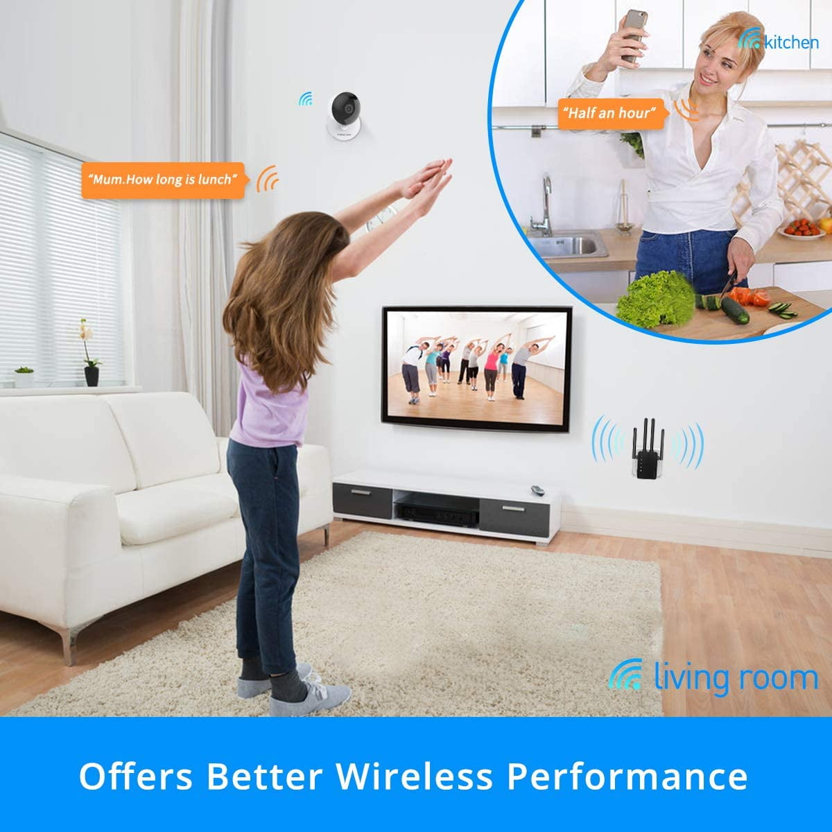WiFi Range Extender, 1200Mbps Signal Booster Repeater Cover up to 2500 Sq.ft, 2.4 & 5GHz Dual Band WiFi Extender, 4 Antennas 360° Full Coverage Wireless Internet Amplifier for Smart Home Devices