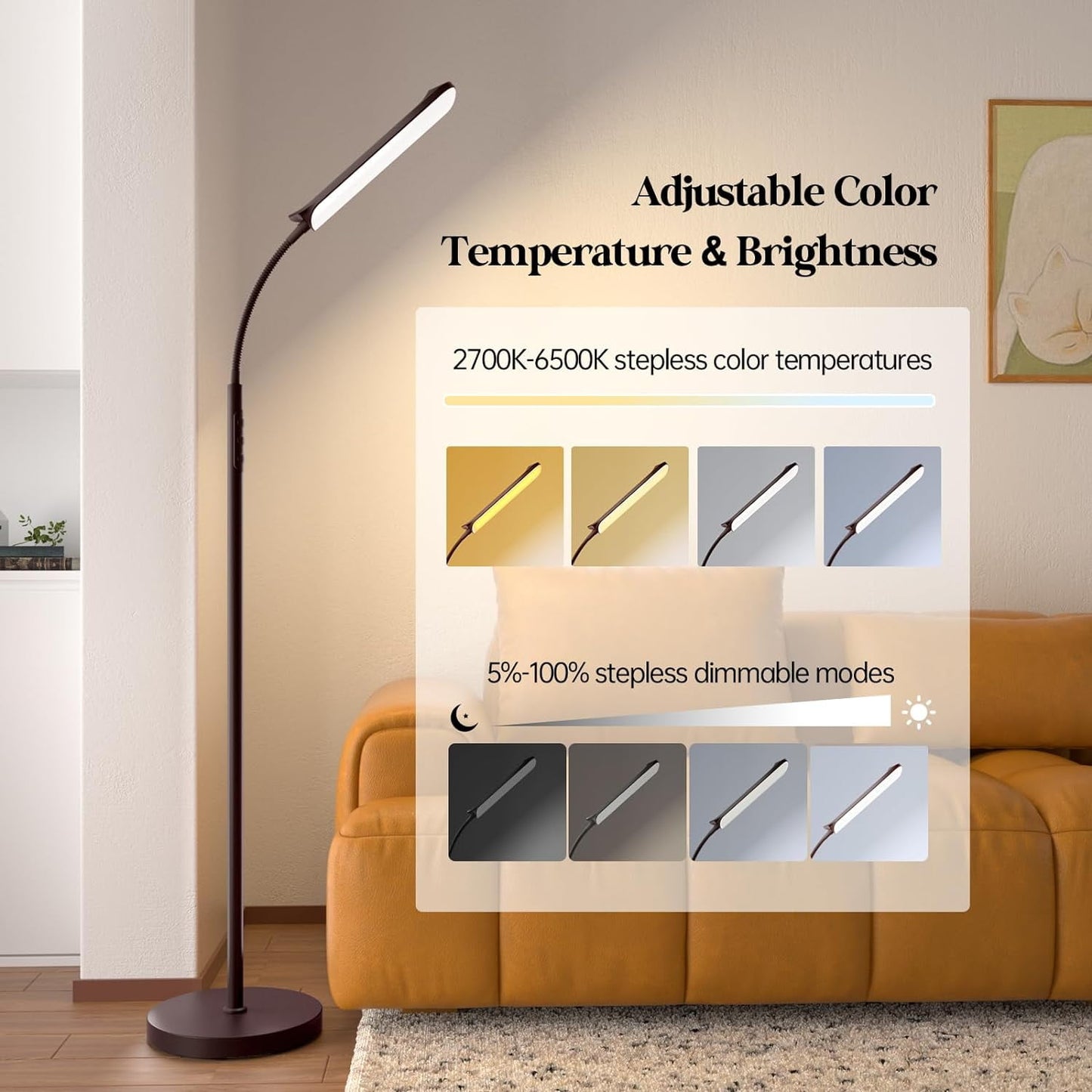 ACMETOP Floor Lamp, 18W/1800LM Bright LED Floor Lamp with Stepless Adjustable 2700K-6500K Colors and Dimmer, Remote and Touch Control, Adjustable Gooseneck Floor Lamp for Living Room (Brown)