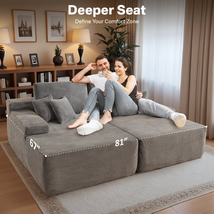 Vcatnet 81" Modular Sectional Sofa Couch Corduroy Chaise Lounge Loveseat Sofa Bed Oversized Upholstered Sleeper Sofa for Living Room and Bedroom, Gray