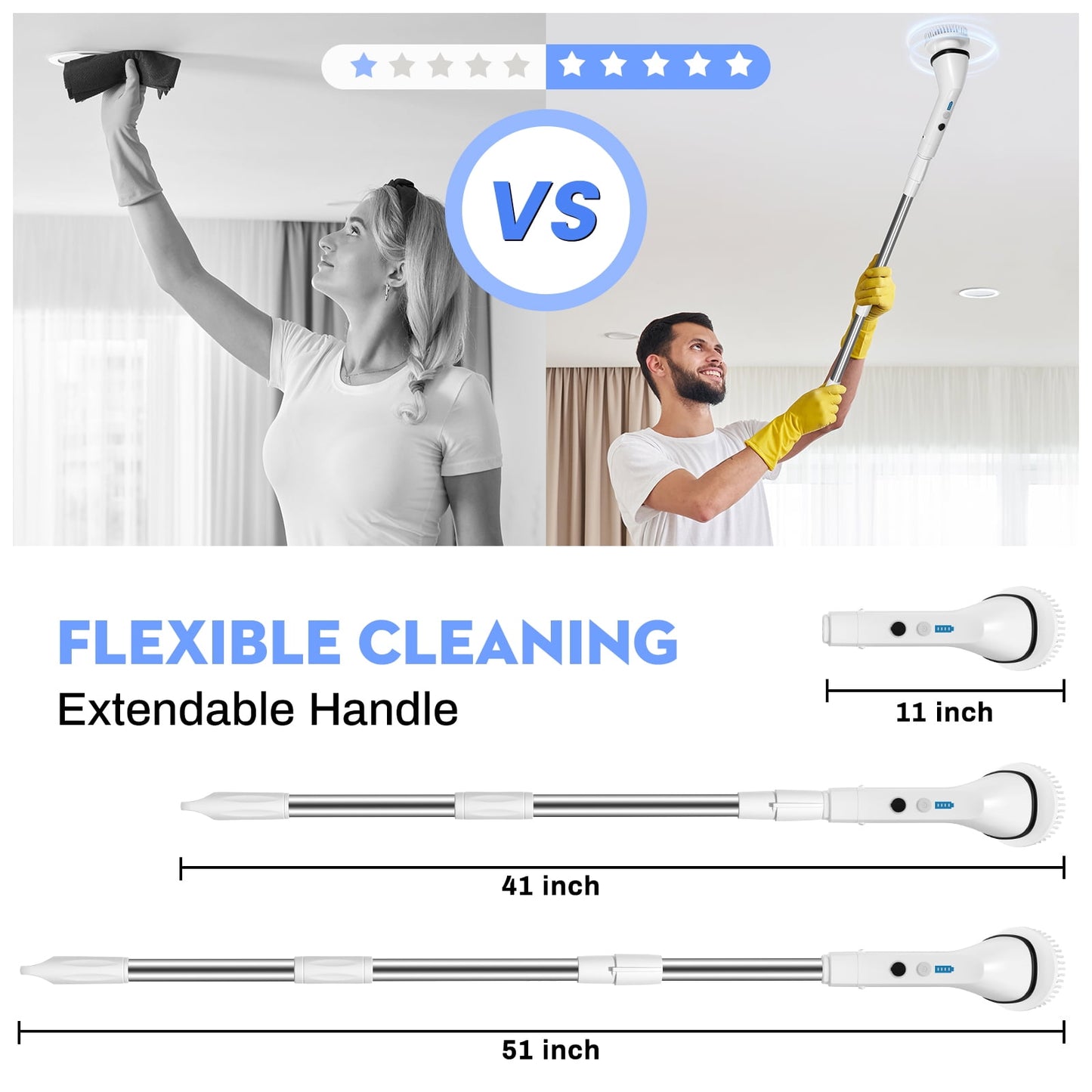 VAVSEA Electric Spin Scrubber,Cleaning Brush for Bathroom,1.5H 300RPM Shower Scrubber Kit for Floor Tile Bathtub,51 inchBathtub,51 inch