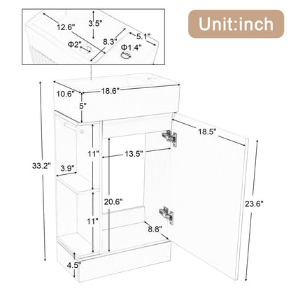 Bathroom Vanity with Sink, Modern Floor-Standing Small Bathroom Vanity with 2-Tier Shelf and Toilet Paper Holder, Batheroom Sink Cabinet with MDF Board for Batheroom