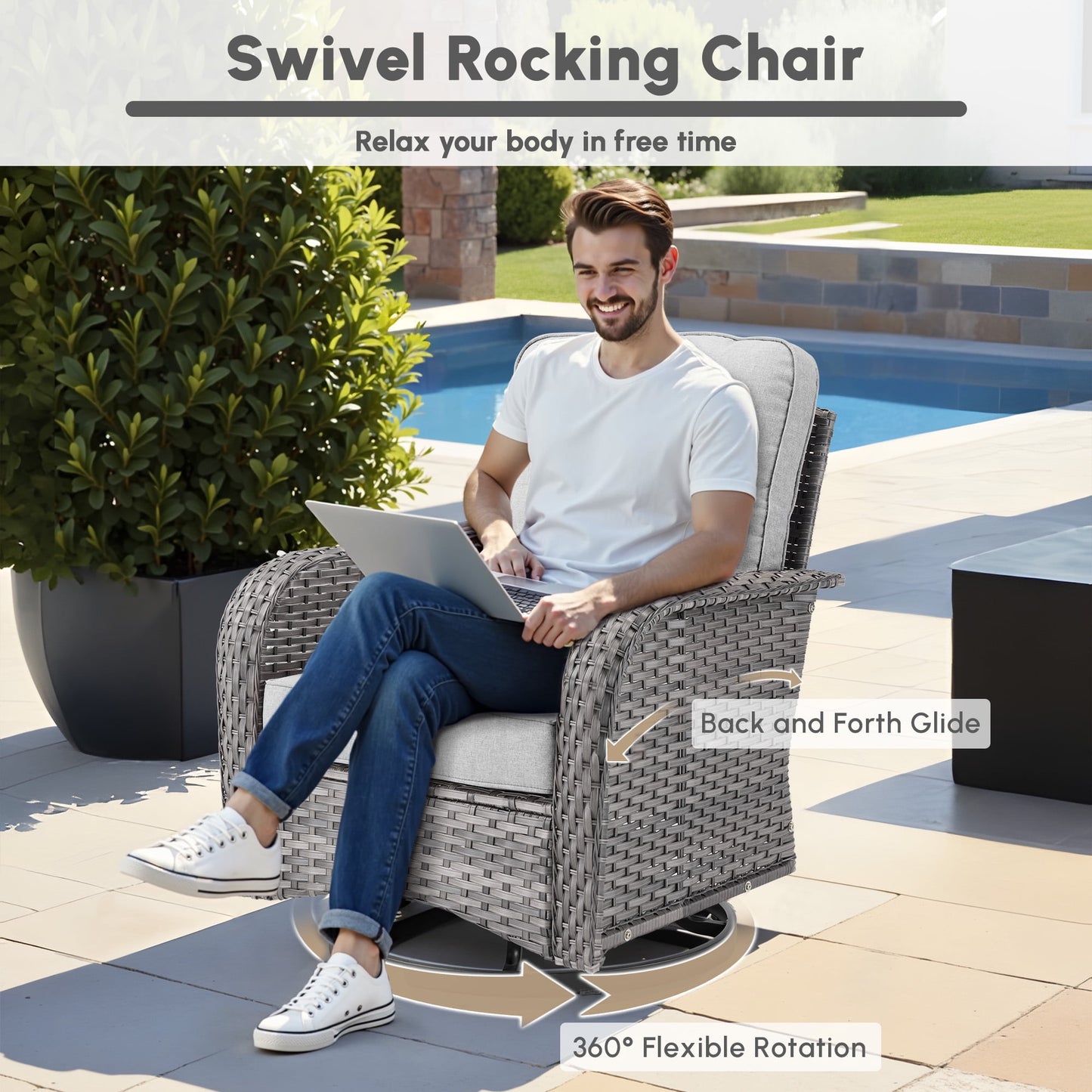 Ovios 5 Pieces Outdoor Patio Furniture Set High Back All-Weather Wicker Conversation Sectional Sofa with Swivel Rocking Chair for Backyard