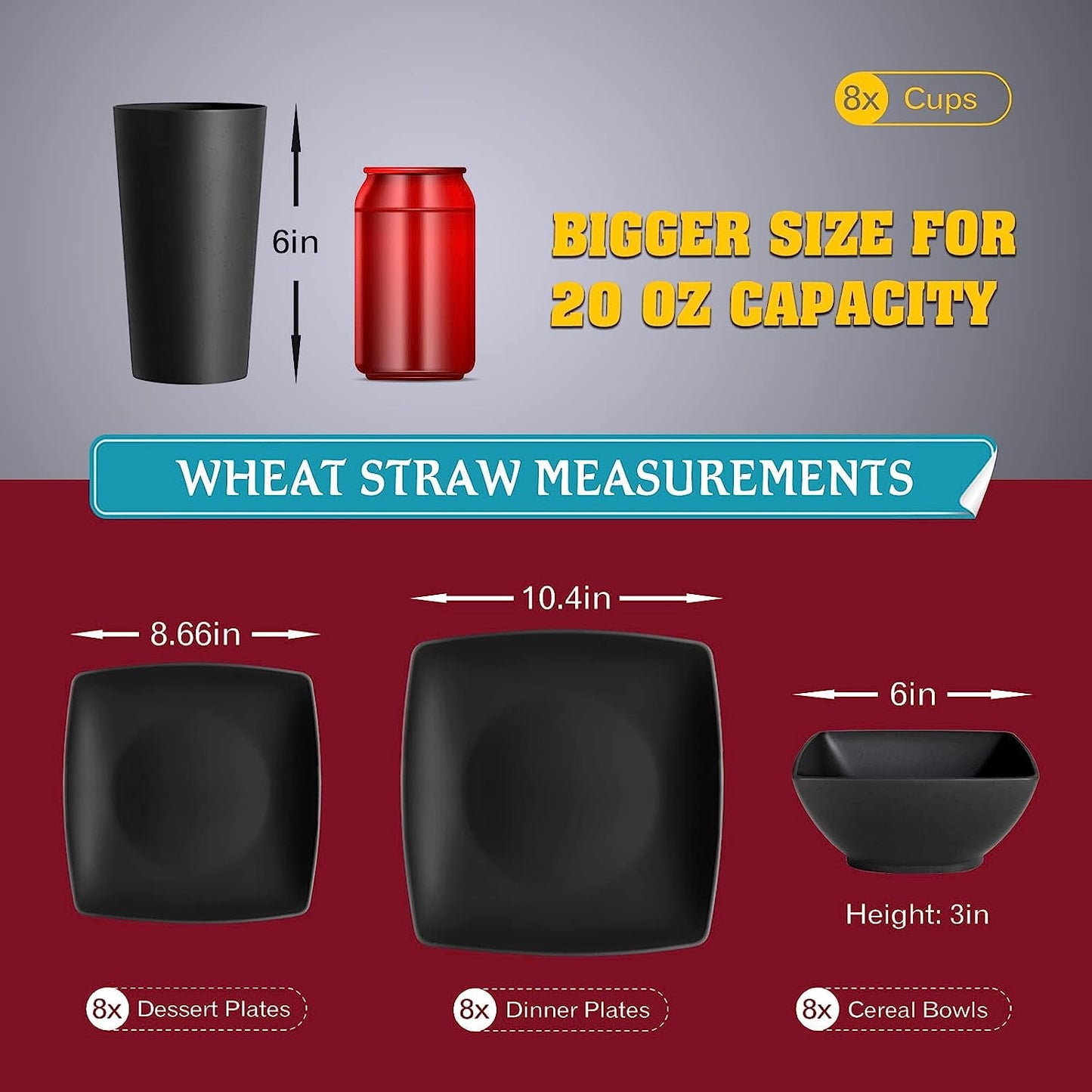 Teivio 32-piece Plastic Wheat Straw Square Dinnerware Set for 8, Unbreakable Dinner Plates, Salad Plates, Snack Bowls, Tumblers 20 oz, Dishwasher Safe, Black
