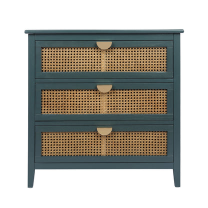 3-Drawer Dresser with Rattan Decorated Chest, 30.71" H Modern Accent Storage Cabinet with Metal Handle, Free Standing Sideboard for Bedroom Living Room and Study. Green