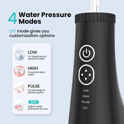 AUOSHI Water Flosser Portable Cordless Oral Irrigator , 4 Modes 5 Tips Rechargeable IPX7 Waterproof Teeth Cleaner for Home and Travel 300ML Black