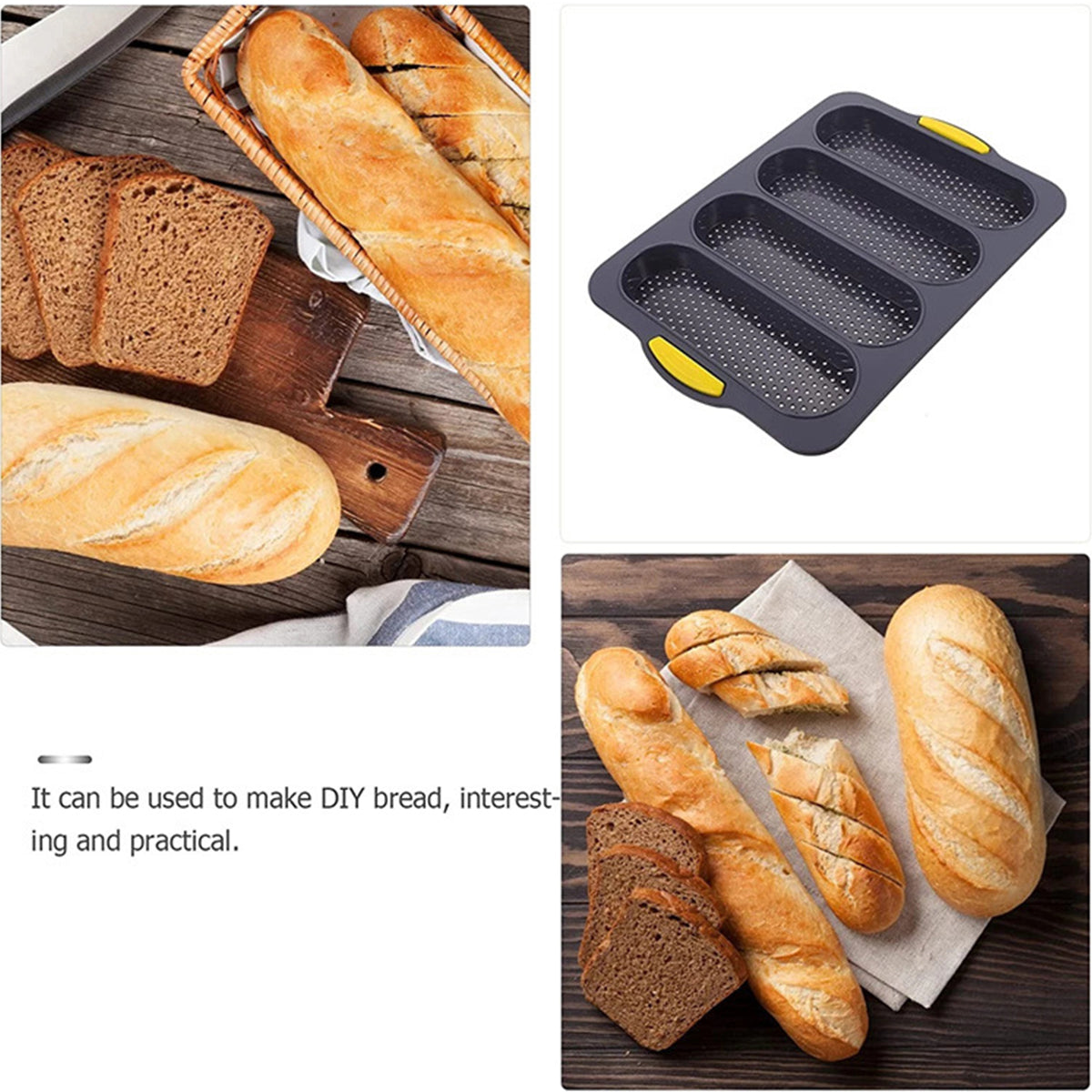 Qenwkxz 4 Slot Silicone Pan Non-Stick French Bread Baking Pan Professional Hot Dog Bun Tray Mold for Homemade Bread Baking