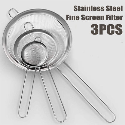 Hvxrjkn Set Of 3 Stainless Steel Fine Mesh Strainers, Strainer, Wire Sieve Sifter With Insulated Handle For Kitchen Gadgets Tools Tea Coffee Powder Fry Juice Rice Vegetable Fruit Etc