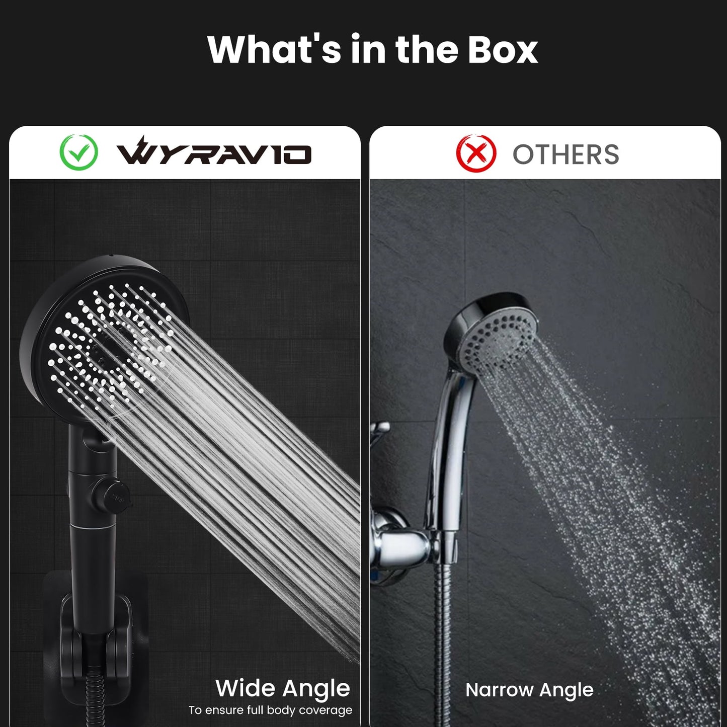 WYRAVIO Handheld Shower Head, High Pressure Shower Head with 6 Spray Settings, 59" Stainless Steel Hose and Adjustable Shower Stand, Shower Head with One Button Switch, Drill-Free Design, Black