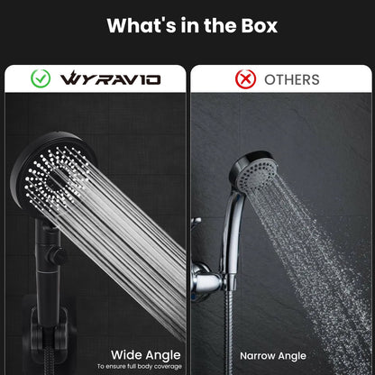 WYRAVIO Handheld Shower Head, High Pressure Shower Head with 6 Spray Settings, 59" Stainless Steel Hose and Adjustable Shower Stand, Shower Head with One Button Switch, Drill-Free Design, Black