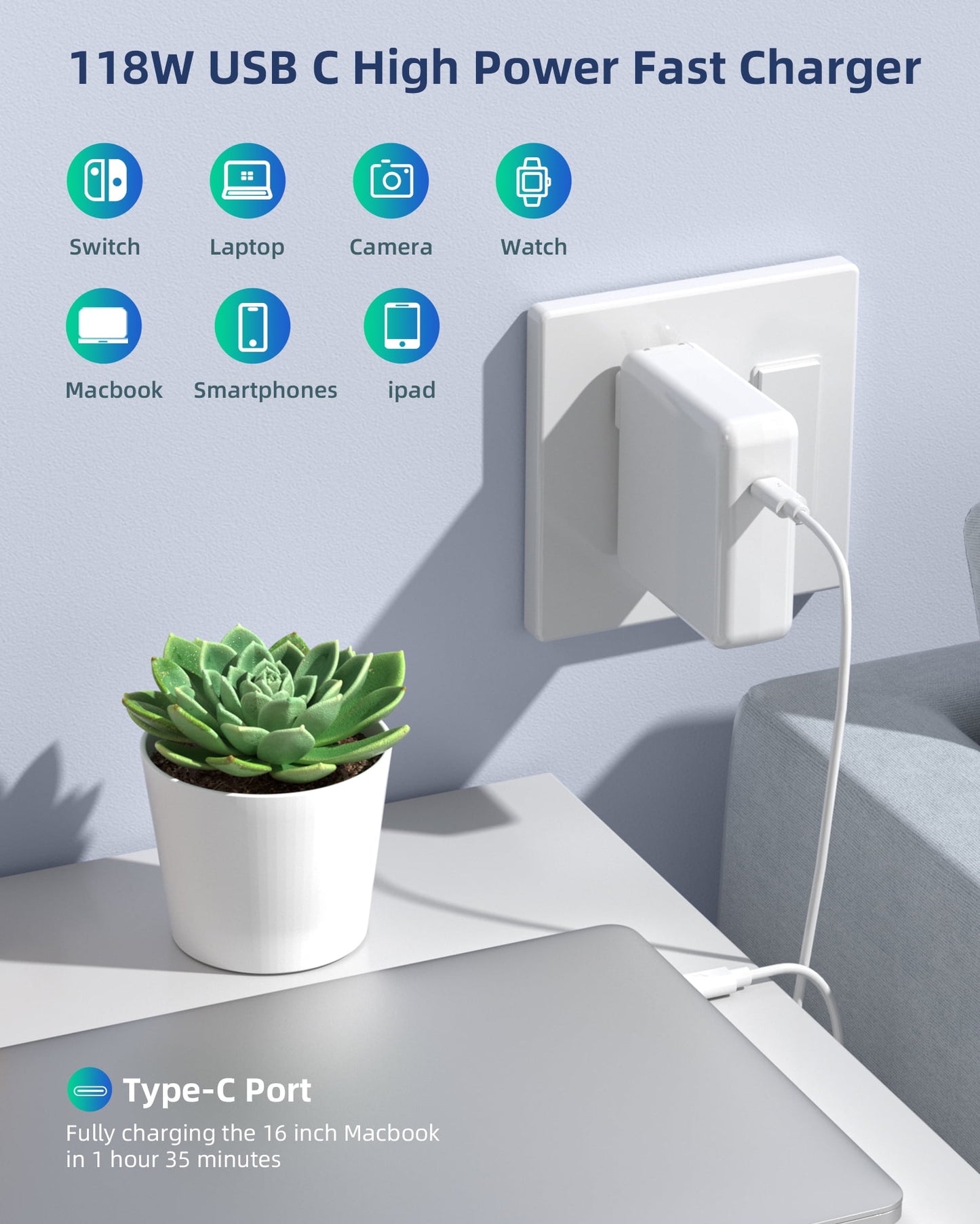 118W USB C Fast Charger，Laptop Charger Compatible with All USB C Charge Device